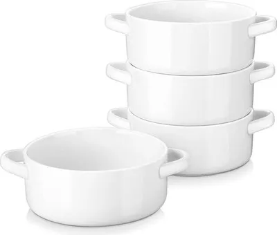 Produktbild von Suppenschüsseln mit Griffen, 4-teilig, Porzellan, weißes Essgeschirr, Schüsseln, Frühstücksschüsseln, Dessertschüsseln, Ramenschüsseln, Reisschüsseln, mikrowellen- und spülmaschinenfeste Suppenschüsseln mit Griff
