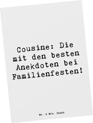 Produktbild von Mr. & Mrs. Panda Postkarte Spruch Cousine Anekdoten - Weiß - Geschenk, handgemacht, Verwandte, Handarbeit, Erzählkunst, Weihnachten, Ansichtskarten, Bindung, Postkarten
