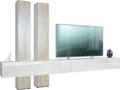 Produktbild von Vladon Wohnwand Moja,  Germany, - Weiß matt & Weiß/Eiche sägerau - Moderne Anbauwand für Ihr Wohnzimmer (BxHxT) 330 x 204 x 39 cm
