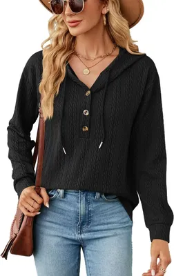 Produktbild von ASKSA Damen Kapuzenpullover Langarm Casual Einfarbig Hoodie Pullover Sweatshirt Oberteil mit Reissverschluss, Schwarz, M