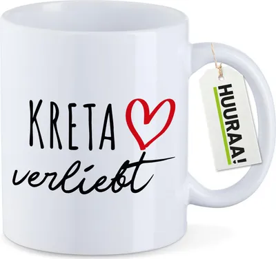 Produktbild von Huuraa Kaffeetasse Kreta verliebt 330ml Weiß Keramik Kaffeebecher Geschenkidee