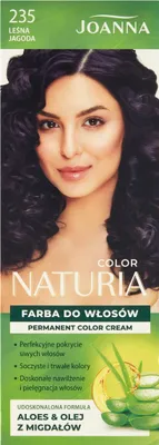 A woman with dark, curly hair is shown from the chest up, with product branding and information displayed around her.
