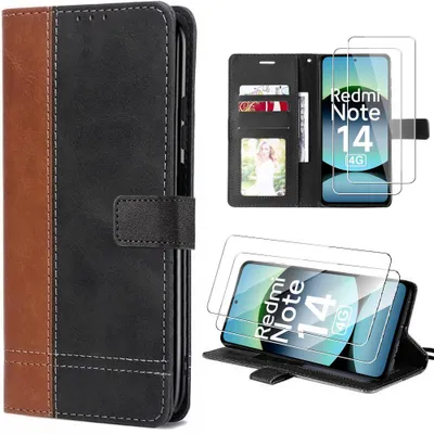 Image de Coque + 2 Verres Trempés pour Xiaomi Redmi Note 14 4G, Protection Anti-Rayures Synthécuir Marron/Noir