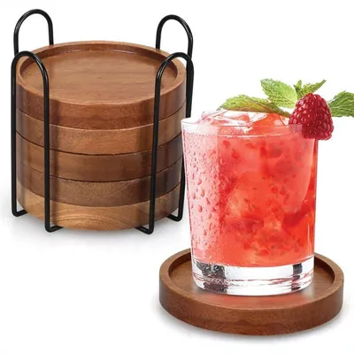 Produktbild von Holz Untersetzer Set 6er Getränkeuntersetzer Akazienholz 10cm mit Halter rutschfest saugfähig für Tisch Küche Wohnzimmer