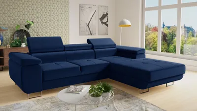 Produktbild von Ecksofa Divo mit einstellbare Kopfstützen und Schlaffunktion, Couchgarnitur, Sofagarnitur, Couch, Schlafsofa (Dunkelblau (Kronos 09), Ecksofa Rechts)