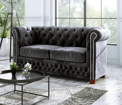 Produktbild von S-STYLE MÖBEL - Chesterfield Jutta Sofa 2-Sitzer aus Schwarz Samt-Stoff mit Holzfüßen, B/T/H: 148 cm/ 86 cm/ 72 cm