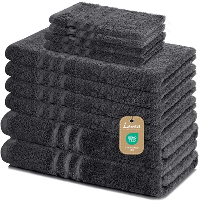 Produktbild von Lavea® Elena 10-teiliges Handtuch Set - 100% Baumwolle, 4x Handtuch + 2x Duschtuch + 2x Gästetuch + 2x Waschhandschuh, Bad & Gäste, Anthrazit
