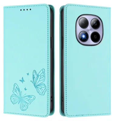 Obrázek produktu pro Kožené pouzdro pro Xiaomi Redmi Note 15 Pro 4G, motýlí ražbou, peněženkové flip pouzdro se stojánkem Mátově zelená