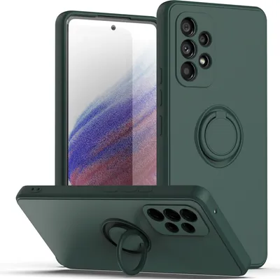 A dark green phone case with a ring holder is displayed from multiple angles against a white background.