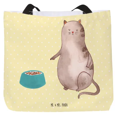 Produktbild von Mr. & Mrs. Panda Tote Bag Katze Fressen - Gelb Pastell - Geschenk, Reisetasche, Tragetasche, Tasche, Strandtasche, Stoffbeutel