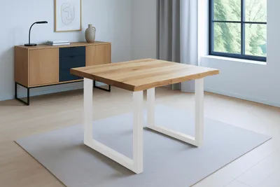 Produktbild von Esstisch Baumkante 80 x 80 cm Wildeiche U-Gestell weiß SERRA