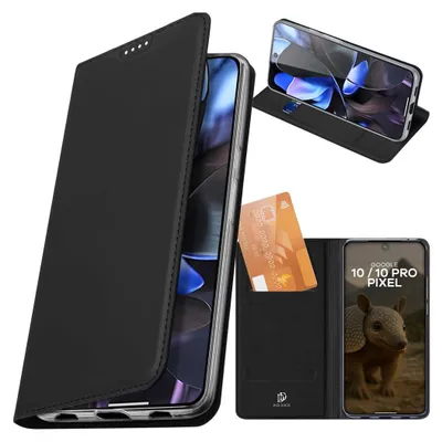 A collage of images showing a black flip phone case for a Google Pixel phone, with a credit card inserted and a phone displayed inside the case.