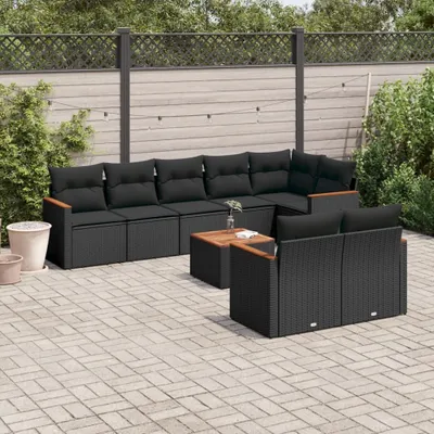 Produktbild von Design 9-tlg. Garten-Sofagarnitur mit Kissen Schwarz Poly Rattan, Gartenmöbel-Sets 2024 Neu