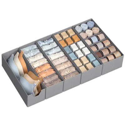 Produktbild von SONGMICS 5er Set Schubladen-Organizer, Faltbare Aufbewahrungsboxen für Unterwäsche, 19 x 40 x 10 cm / 15 x 40 x 10 cm, Grau
