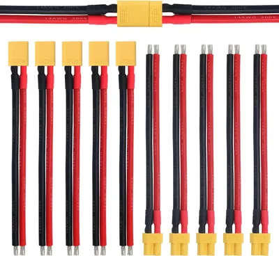 Produktbild von Set mit 5 Paar XT30 Steckern und Buchsen | 14AWG Silikonkabel, 100mm | für Drohne FPV Lipo Batterien, gelb, PVC