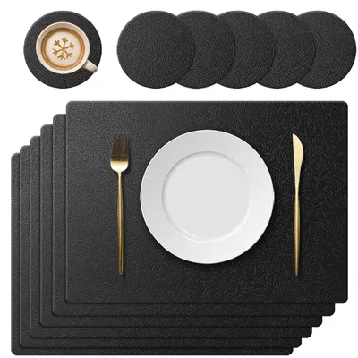 Productafbeelding van Solidchoice - Set van 6 Siliconen Placemat en Onderzetters met Bladerenpatroon