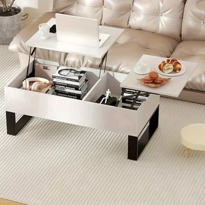 Image de Table basse - Réglable et pliable - Avec rangement dissimulé - Blanche - 100x50x42 cm