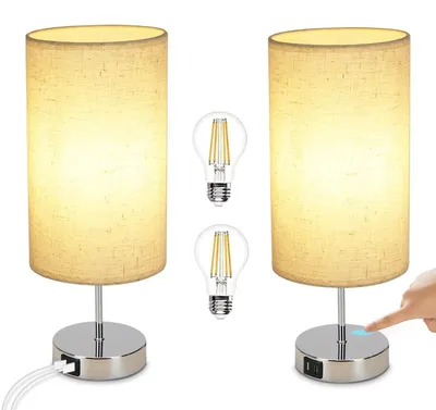 Zdjęcie produktu dla ZMH lampka nocna zestaw 2 lampek dotykowych biały E27 z funkcją ładowania USB ciepła biel ściemnialne biurko z abażurem z tkaniny do sypialni
