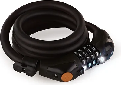 Produktbild von Prophete Zahlen-Spiralkabelschloss Schwarz 150 cm – 4-Zahlen-Kombination mit LED-Beleuchtung, Frei kodierbar, Halter für Rahmenrohr, Ø 12 mm