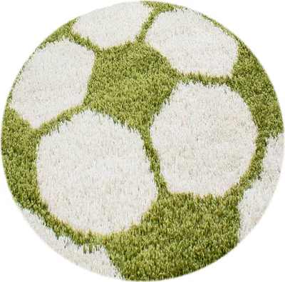 Produktbild von Kinder Teppich Kinderzimmer für Jungs und Mädchen Grün 120x120 weich Fußball-Design bunt aus Regenbogen Fußball uvm. Rund aus Polypropylen
