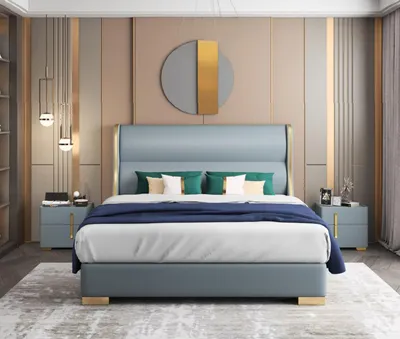 Produktbild von Luxus Schlafzimmer Designer Doppelbett Bett 150/180x200cm Leder Metall Neu Hotel