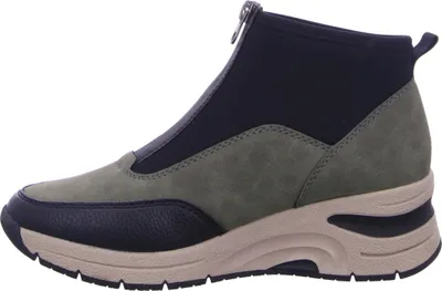 Side view of a green and black high-top sneaker with a tan sole.