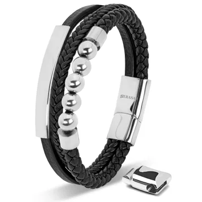 Produktbild von SERASAR | Premium-Lederarmband für Herren [Pearl] mit Silber Stainless Steel | Farbe: Silber | Länge: 23cm