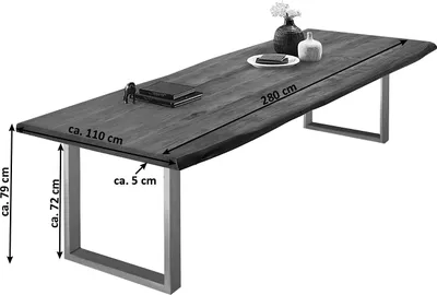 Produktbild von Esszimmertisch 280x110 cm Valin, Akazienholz nussbaumfarben & massiv, Baumkantentisch mit U -Gestell aus Metall Silber, echte Baumkante, Platte 50mm