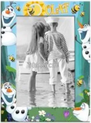 A decorative photo frame with Olaf from Frozen, featuring two children in the center.