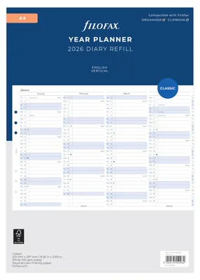 Image de FILOFAX Calendrier à insérer 2026 - A4 - Planning annuel - blanc - multilingue - 26-68702