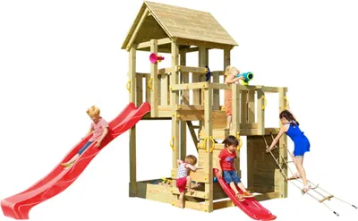 Produktbild von Spielturmking Spielturm PENTHOUSE mit Rutsche 2,90 m + Babyrutsche + Kletternetz - Rot DH274