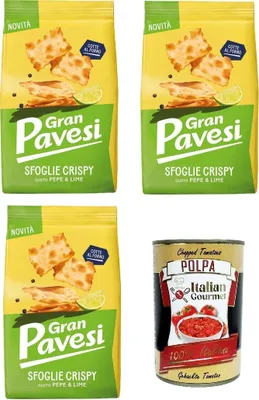 Produktbild von Gran Pavesi Knuspriger Blätterteig-Snack mit Pfeffer- und Limettengeschmack, gebacken, 3 x 150 g+ Italian Gourmet Polpa di Pomodoro 400g