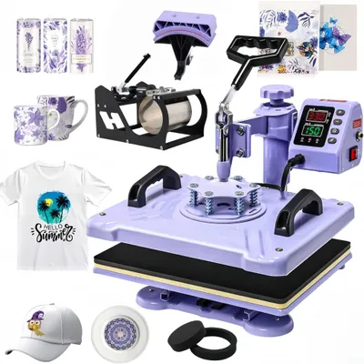 Produktbild von Transferpresse 12x15, Kombi mit 3 DTF, Sublimationspapier, Becher-Presse 20oz, Digital 5-in-1 T-Shirt Transferpresse, Lila