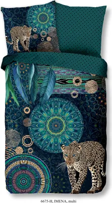 A flat lay of a duvet cover and pillowcase with a mandala and leopard print.