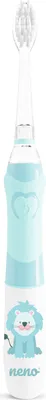 A blue and white electric toothbrush with a cartoon lion illustration and the brand name 'neno-' on the handle, set against a white background.