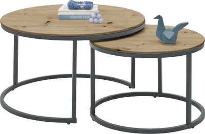 Zdjęcie produktu dla Satztisch >Gino 2< (2er Set) in Eiche Dekor, schwarz, MDF, Metall - 45x80 (HxD)