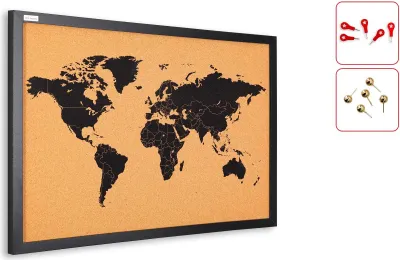 Immagine prodotto di Lavagna in sughero MAPPA DEL MONDO con cornice in legno laccato NERO 60x40 cm