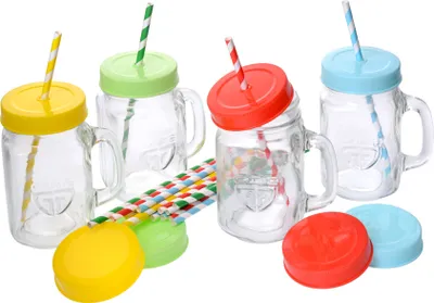 Produktbild von GRÄWE Henkel-Trinkglas mit Deckel und Strohhalm, 4 Stück