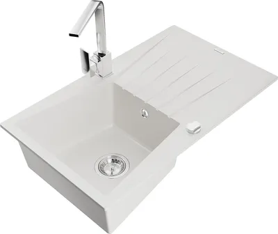 Produktbild von Mexen Cesar 1 Becken-Granitspüle mit Abtropffläche und Mischbatterie Rita, Weiß - 6514-20-670300-00