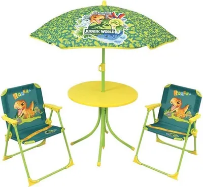 Image de Salon de Jardin Enfant Jurassic World, Table 46x46 cm, Chaises 53x39x39 cm, Parasol 125x100 cm