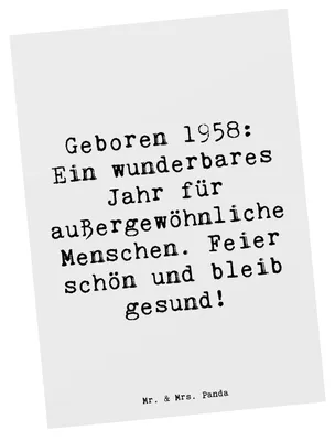 Produktbild von Mr. & Mrs. Panda Postkarte Spruch 1958 Geburtstag - Weiß - Geschenk, Happy Birthday, Ansichtskarte, Ansichtskarten, Geburtsjahr, Jubiläum, Nostalgie, Alter, Glückwunsch