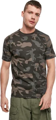 A man wearing a camouflage t-shirt and cargo pants, posing for a product shot.