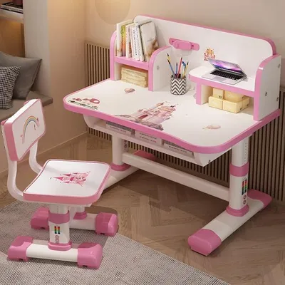 Imagen del producto de Juego de mesa y silla para niños, escritorio infantil con silla, regulable en altura, escritorio para niños, mesa de estudio con cajón, color rosa