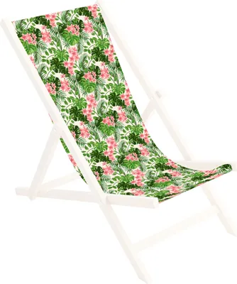 A sling chair with a tropical floral pattern on a white background.