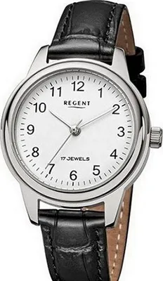 A close-up studio shot of a women's mechanical watch with a white face and a black leather strap.