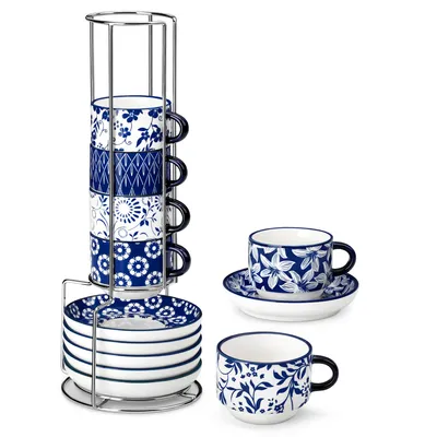 Produktbild von VANCASSO 4-tlg Tassen Set, Porzellan Set, Kaffeetasse mit Unterteller, Metallständer, 150ml, Blauweißes Porzellan