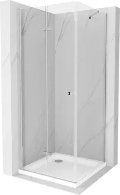 A corner shower cabin with a transparent glass door and a white shower tray, set against a marble-patterned wall.