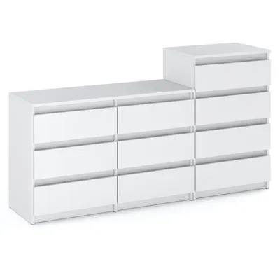 A white, modern dresser set with multiple drawers against a white background.