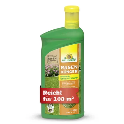 Obrázok produktu pre Hnojivo Neudorff na trávniky, ktoré zabraňuje rastu machu a burín, objem 1 liter (vhodné pre plochu 100 m²), s prídavkom železa, vhodné na výživné polievanie alebo aplikáciu na listy