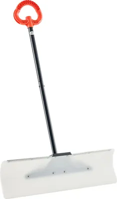 A snow shovel with an orange handle and a white blade, isolated on a white background.